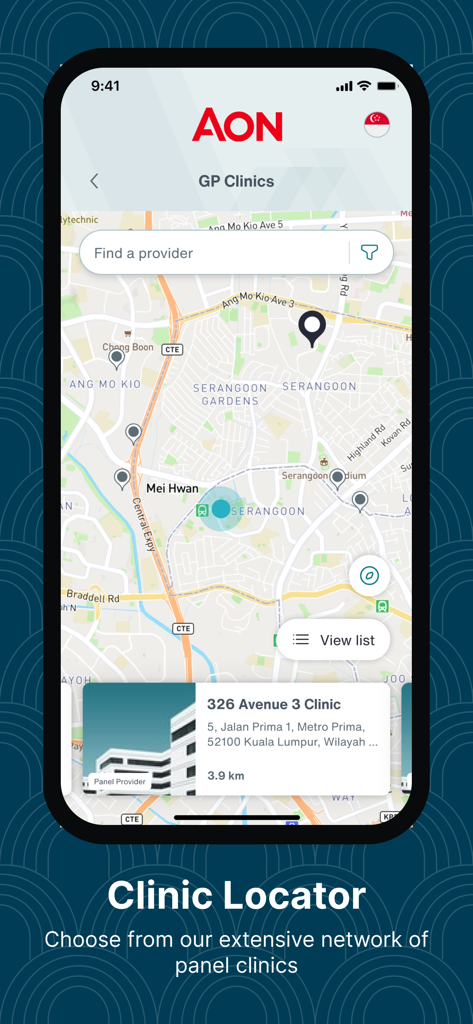 Aon Care plus app screen showing a map with nearby GP clinics and the clinic locator feature