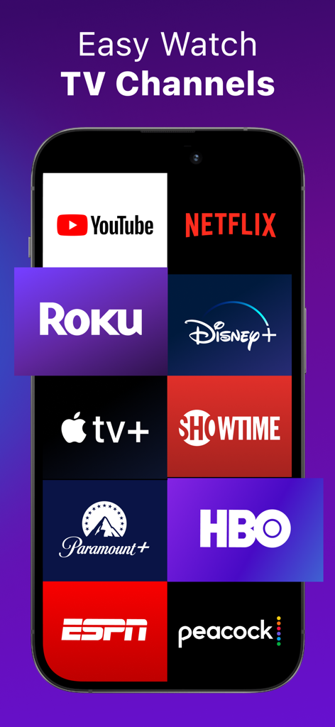 Roku remote app screen showing easy access to streaming channels like Netflix and HBO