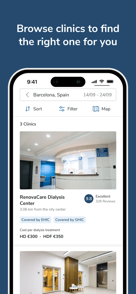 bookdialysis - travel app - Bookdialysis app interface showing dialysis clinic results in Barcelona
