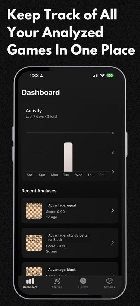 Chess Analysis: Chess AI - Panel de control de la aplicación Chess Analysis que muestra una lista de evaluaciones de partidas recientes y un gráfico de seguimiento de actividad.