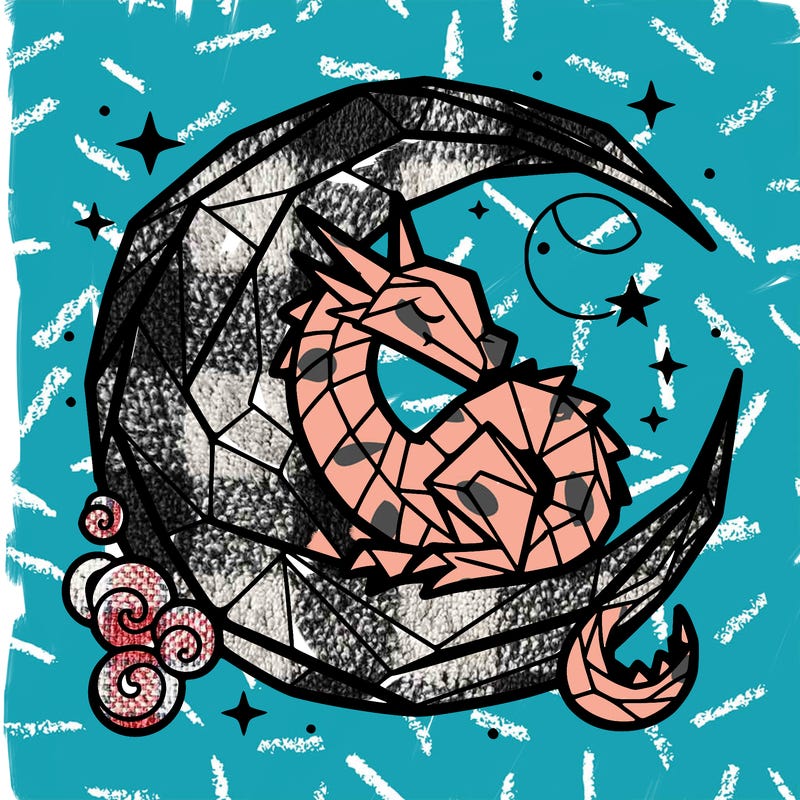 origami dragon curled up around the moon