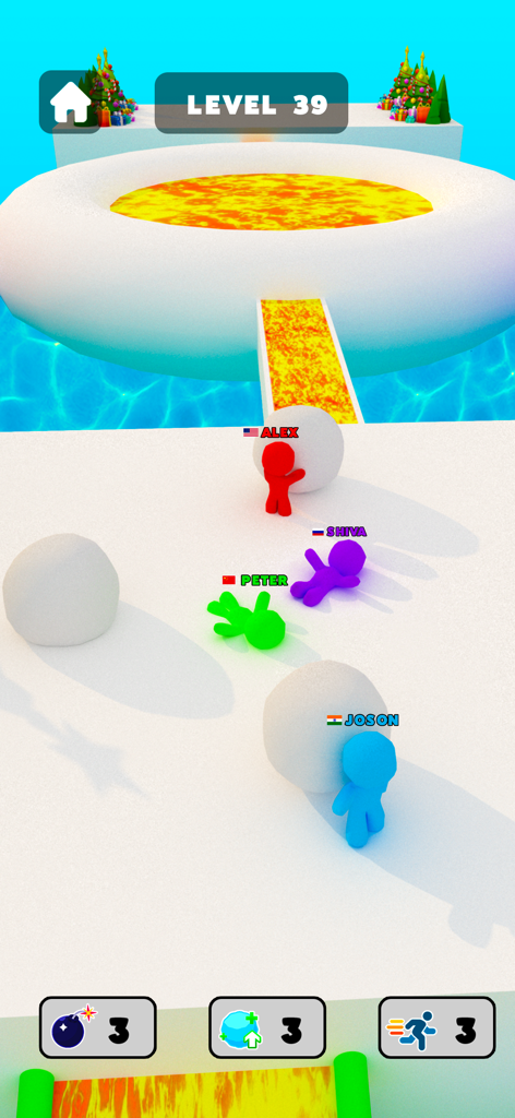 Snow Race 3D™: Fun Xmas Racing - Personnages colorés faisant rouler des boules de neige dans un niveau de Snow Race 3D