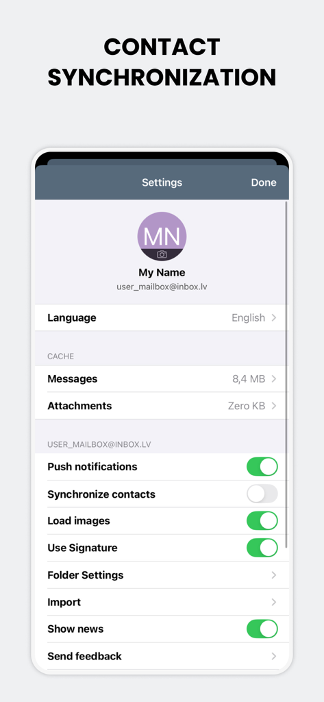 The settings menu of the Inbox.lv email app displaying profile information and synchronization options.