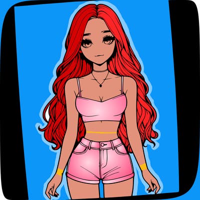 a realistic girl with long hair and in a crop top and shprts