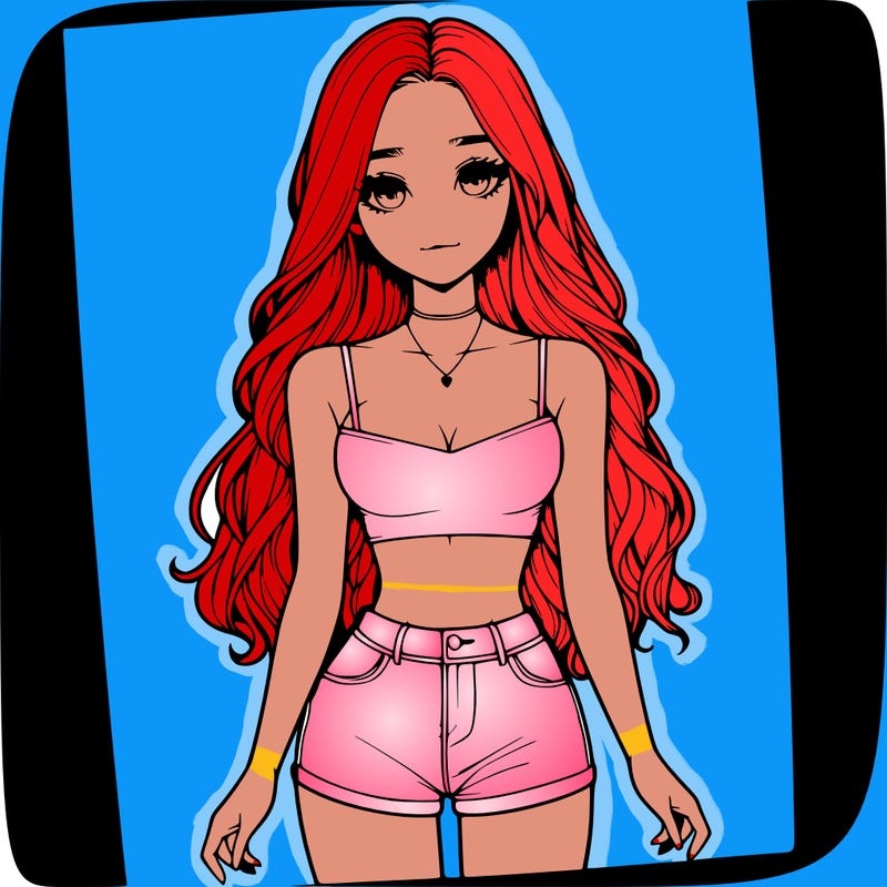 a realistic girl with long hair and in a crop top and shprts