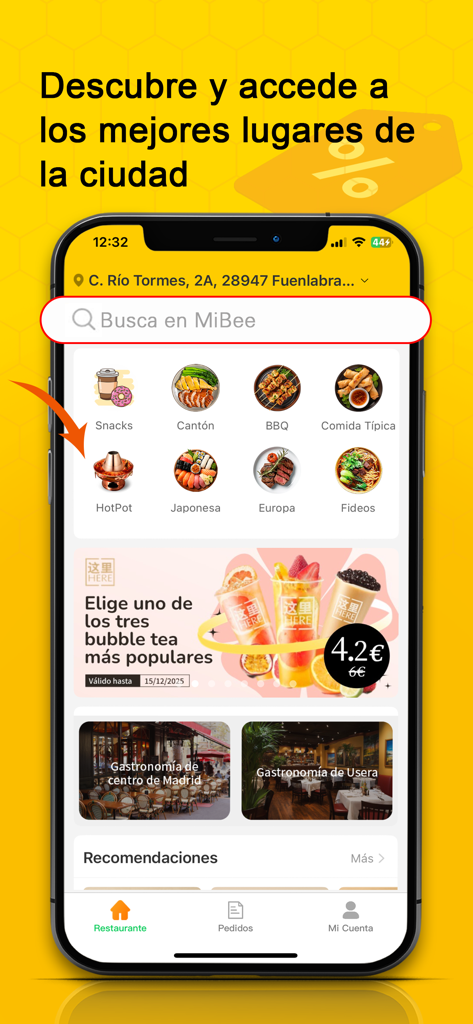 MiBee - MiBee app home screen featuring local restaurant categories, a search bar, and bubble tea promotions
