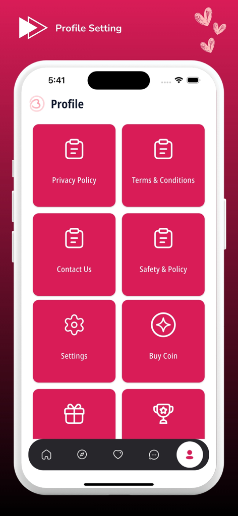 Profile settings menu of the Upoznaj me Balkan dating app showing options for privacy policy, terms and conditions, contact, and account settings.