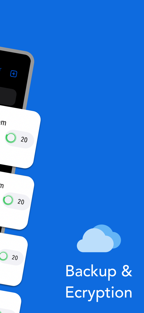 クラウドバックアップと暗号化機能を示す2FAアプリ画面