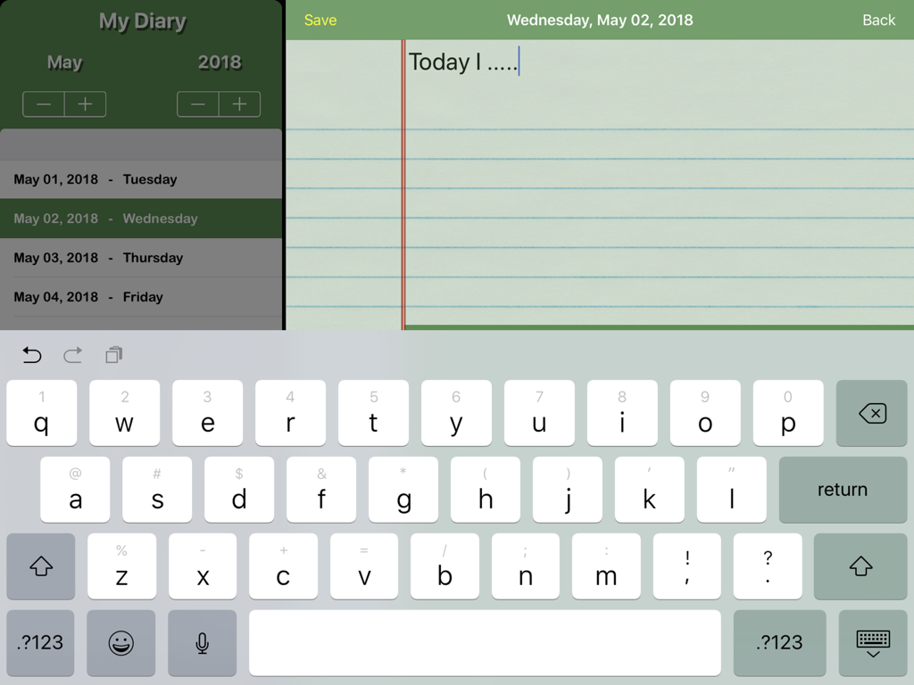 My Private Diary - A screenshot of the My Private Diary app on an iPad showing a new journal entry being typed on digital lined paper with an onscreen keyboard.