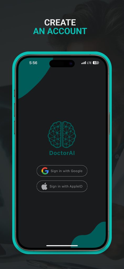 DoctorAI mobile app sign in screen showing options for account creation using Google or Apple ID.