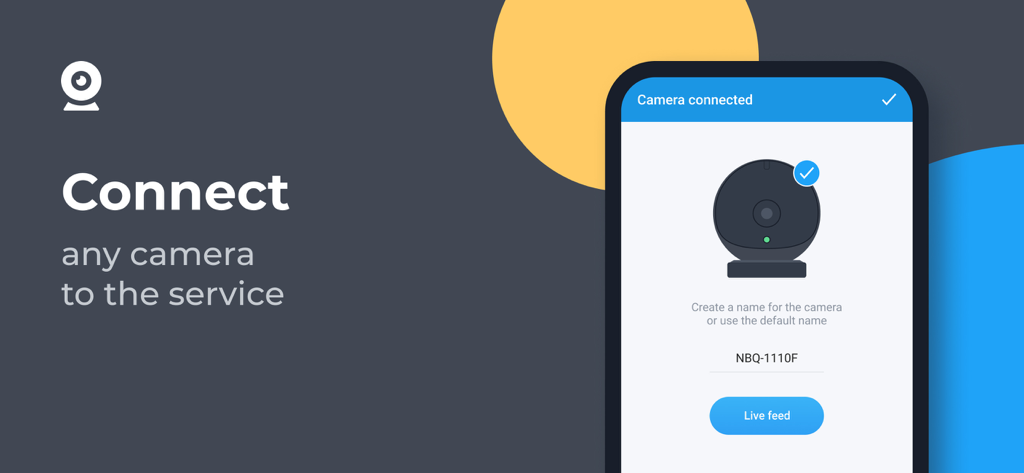 Video Surveillance Ivideon - Smartphone screen showing the Ivideon app interface with a successfully connected security camera and a live feed button.