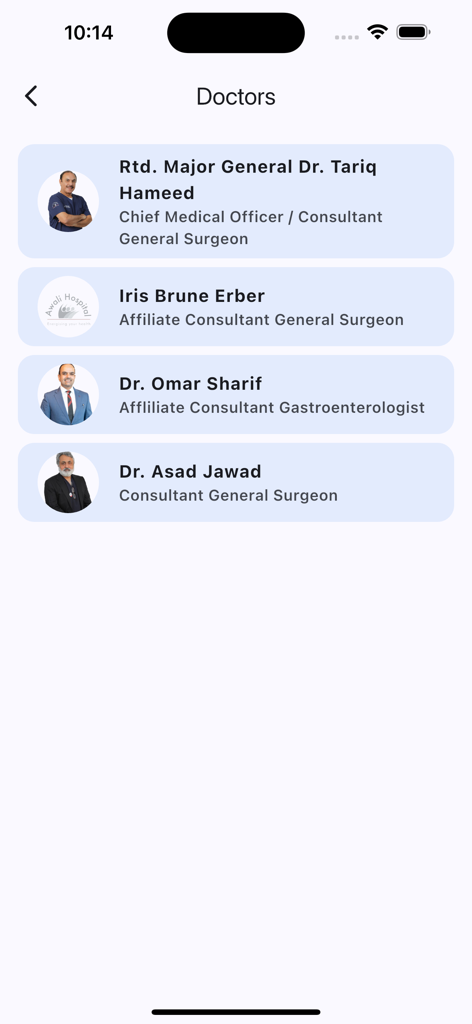 Awali Hospital - A directory screen in the Awali Hospital app listing medical doctors and their specialties