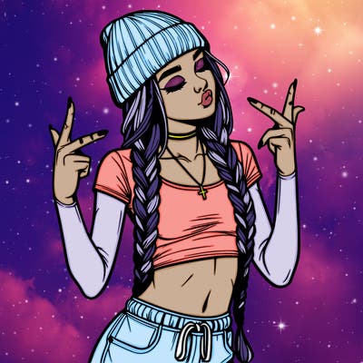 realistic teenage girl with braids and a beanie and crop top doing 🫶🏼