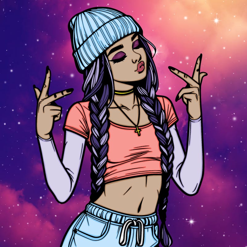 realistic teenage girl with braids and a beanie and crop top doing 🫶🏼