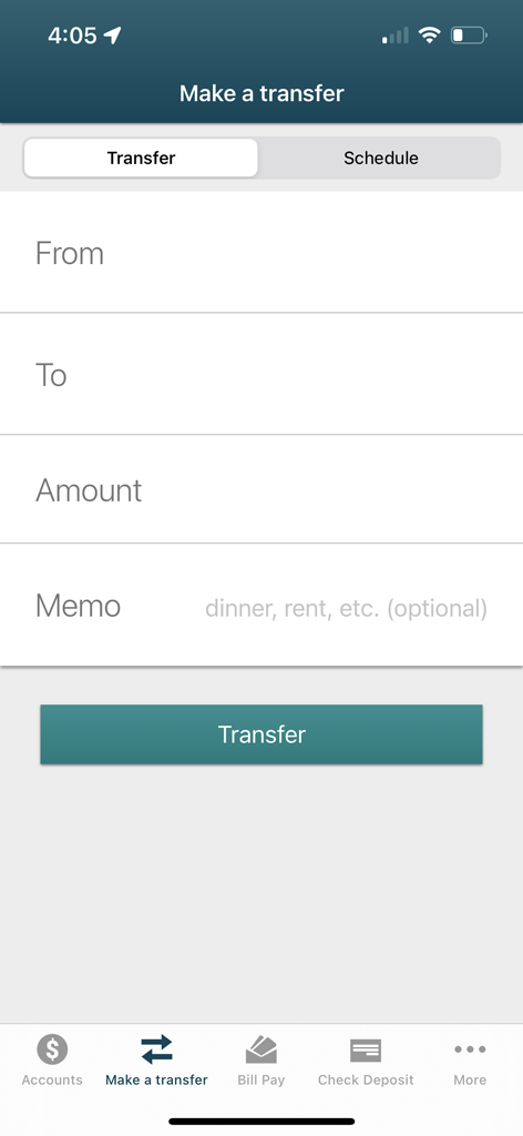 Der Bildschirm 'Überweisung vornehmen' in der Essential Credit Union Mobile App mit Feldern für die Kontoauswahl und den Betrag