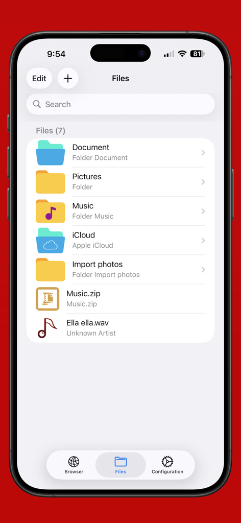 Interface do aplicativo eFiles Pro File Manager no iPhone mostrando uma lista de pastas, um arquivo zip e um arquivo de áudio