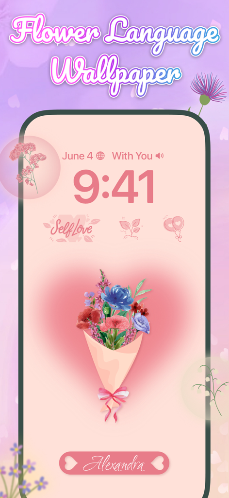 Flower Language: DIY Wallpaper - Uma tela de bloqueio de iPhone personalizada com um papel de parede de buquê floral customizado com o nome Alexandra na parte inferior