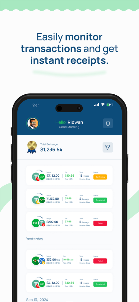 Taran App - Taran App dashboard showing a history of digital currency swap transactions with details on fees and status.