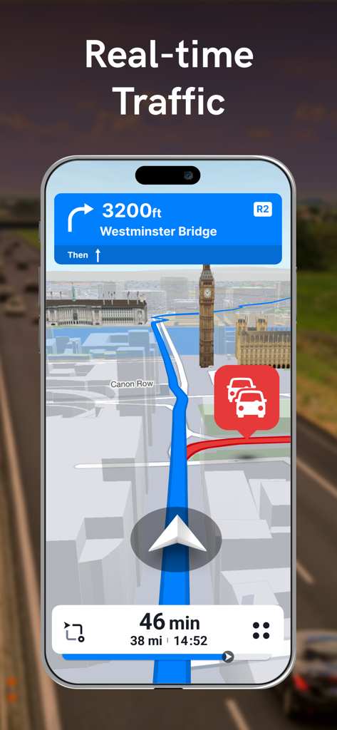 Aplicación de navegación GPS Sygic mostrando alertas de tráfico en tiempo real y mapas 3D de ciudades en un smartphone