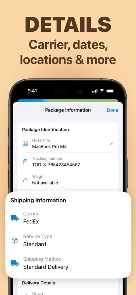 Detailed package tracking information screen showing carrier and shipment status on an iPhone.