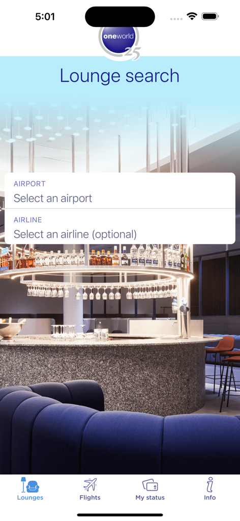 Fly Oneworld - Fly Oneworld app interface showing the lounge search screen with options to select an airport and airline over a background image of a premium airport lounge bar.