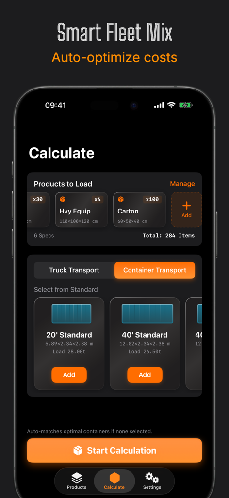 Smart Packer: 3D Cargo Planner - Interfaz de la aplicación Smart Packer que muestra el cálculo de carga y la selección de contenedores para la optimización de flotas