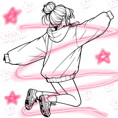realistic girl jumping with a bun and oversized sweatshirt