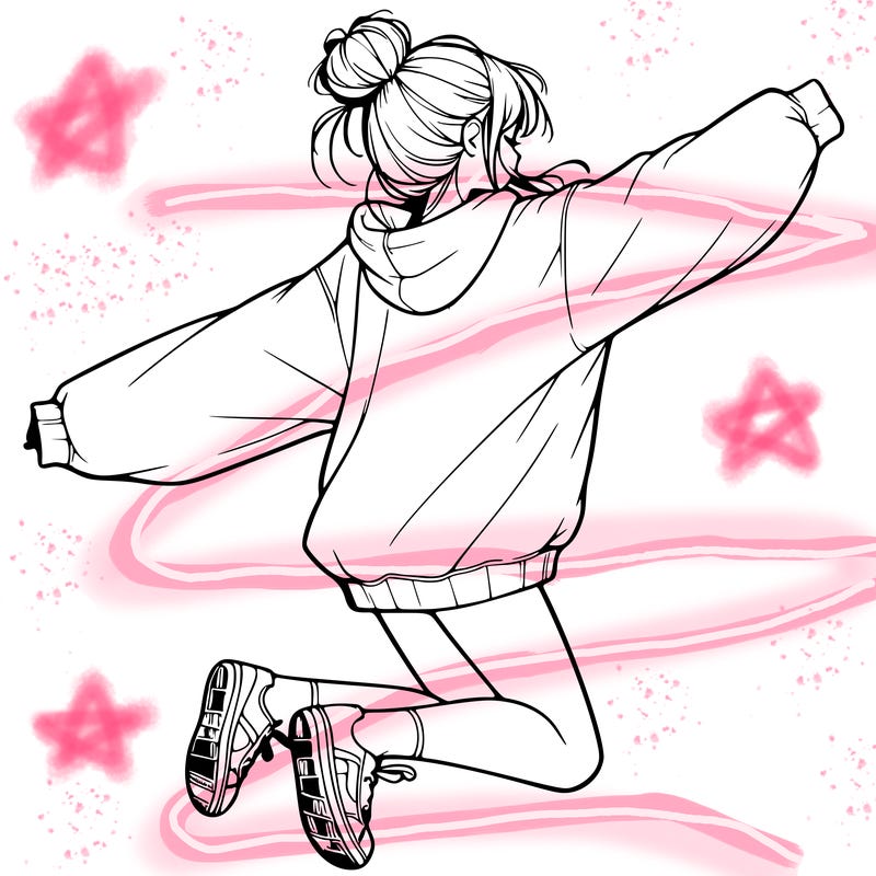 realistic girl jumping with a bun and oversized sweatshirt