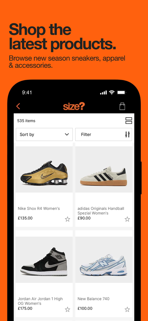 size? - Nike、adidas、Jordan、New Balanceのスニーカーカタログを特徴とするsize?のモバイルアプリ画面。