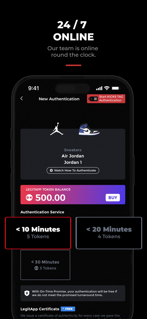 LegitApp Authentication - LegitApp mobile screen showing sneaker authentication service options with fast turnaround times and expert review