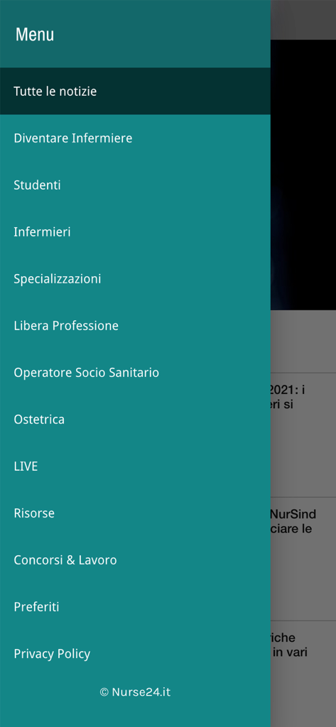 Side navigation menu of the Nurse24.it mobile application showing professional nursing categories