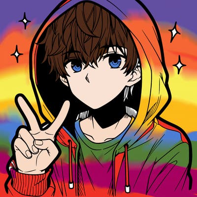 teenage manga boy in a hoodie, doing ✌