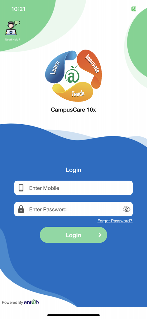 Página de inicio de sesión de la aplicación CampusCare 10x con campos para número de móvil y contraseña.