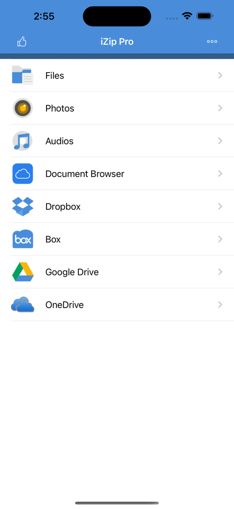 iZip Pro -Zip Unzip Unrar Tool - Pantalla de inicio de la aplicación iZip Pro mostrando la gestión de archivos y las opciones de integración de almacenamiento en la nube