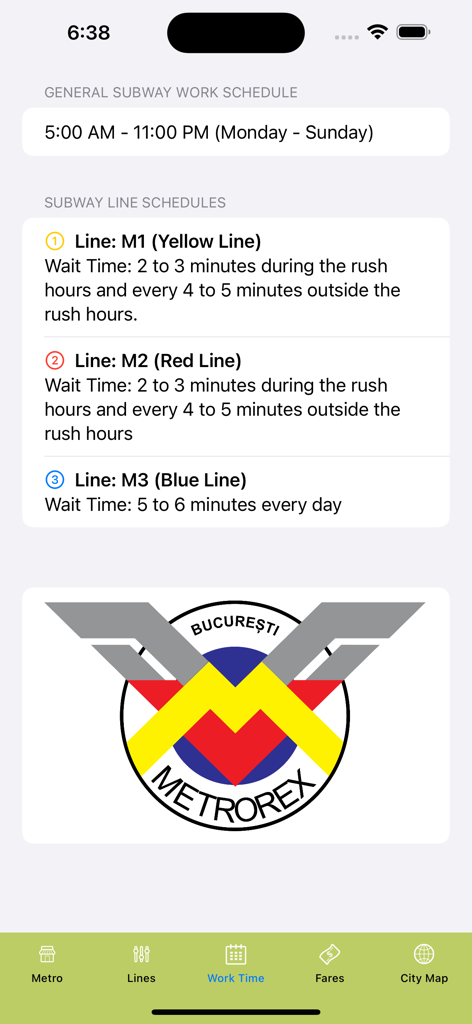Bucharest Subway Map - Bucharest subway app screen showing operational hours and wait times for various metro lines