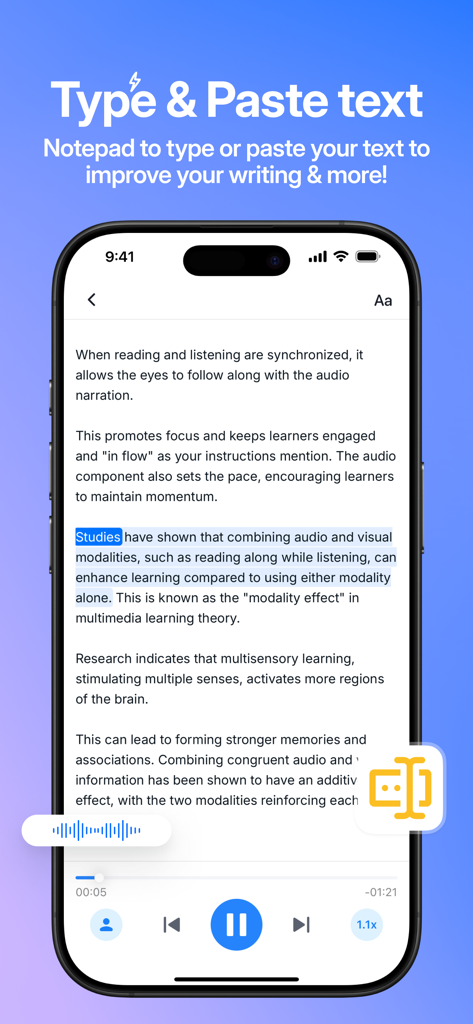 Audeus text to speech app interface showing the notepad feature with synced word highlighting for proofreading