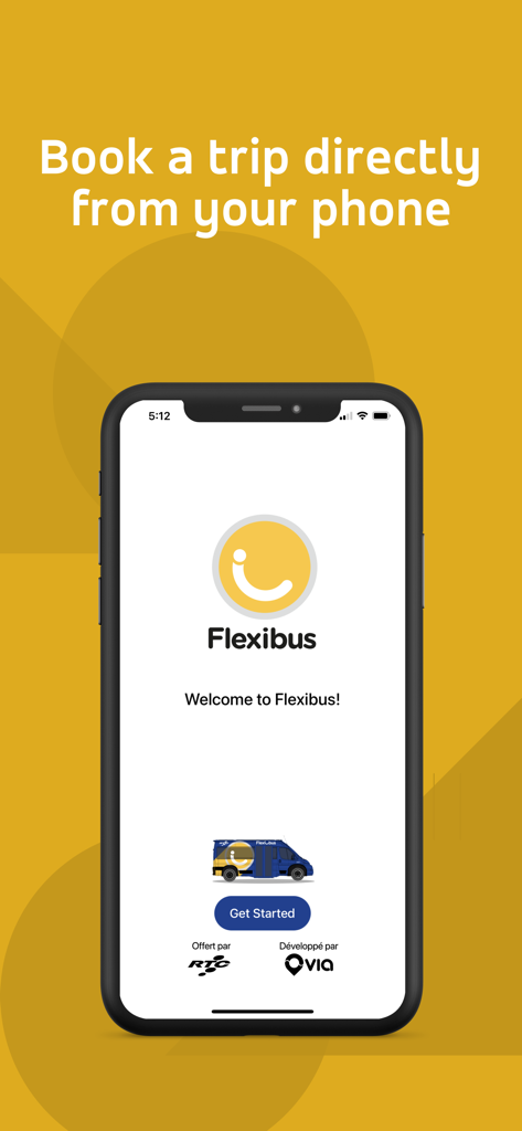 RTC Flexibus - RTC Flexibus app welcome screen featuring the tagline Book a trip directly from your phone and a Get Started button