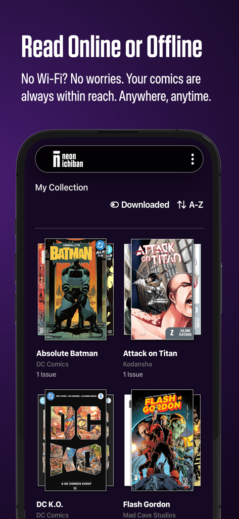Neon Ichiban - Neon Ichiban app library displaying downloaded comics and manga including Absolute Batman and Attack on Titan.