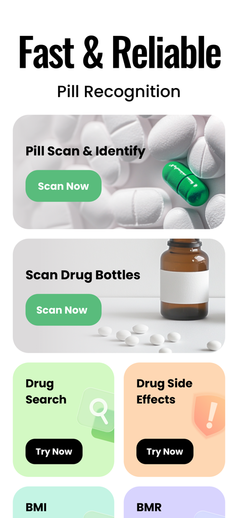 Pill Identifier + Drug Search - Interface showing pill identification by scanning capsules and bottles along with drug search and side effects information.