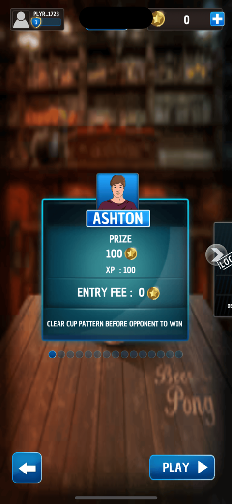 Game screen showing match details against an opponent with prize and entry fee info in Beer Pong Trickshot