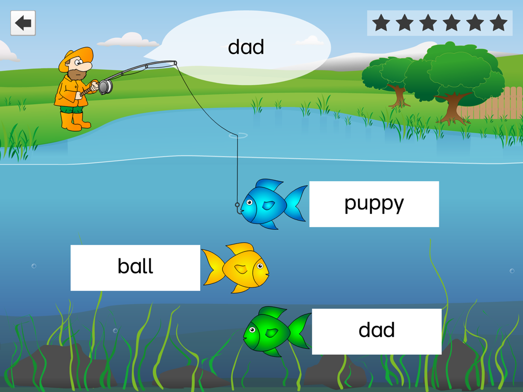 FlashWords AAC - A screenshot of the FlashWords AAC fishing game for word recognition training.