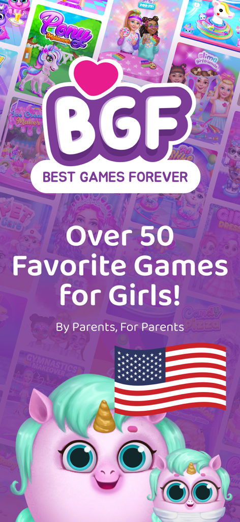 Girls Games! +1000 Kids Games - Promoción de BGF Best Games Forever para niñas con un unicornio y la bandera de EE. UU.