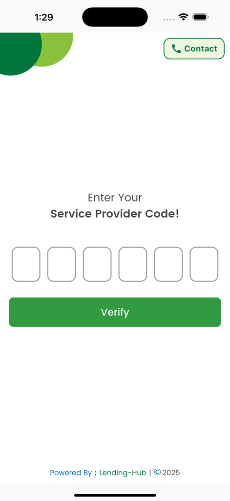 Lending-Hub - Lending Hub app screen for entering service provider verification code