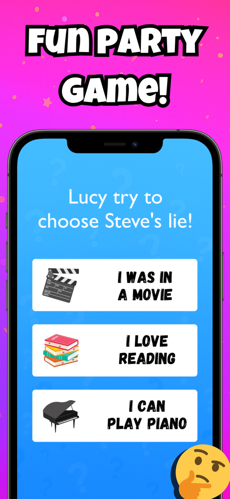 Two Truths and A Lie - Captura de pantalla de la aplicación móvil Dos Verdades y Una Mentira mostrando una pantalla de juego con tres declaraciones personales e íconos para una actividad de fiesta divertida.