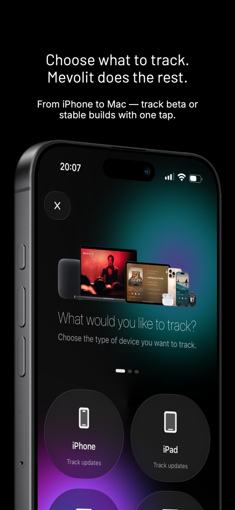 Mevolit - Device Updates - Interface of the Mevolit app showing options to track software updates for iPhone and iPad.