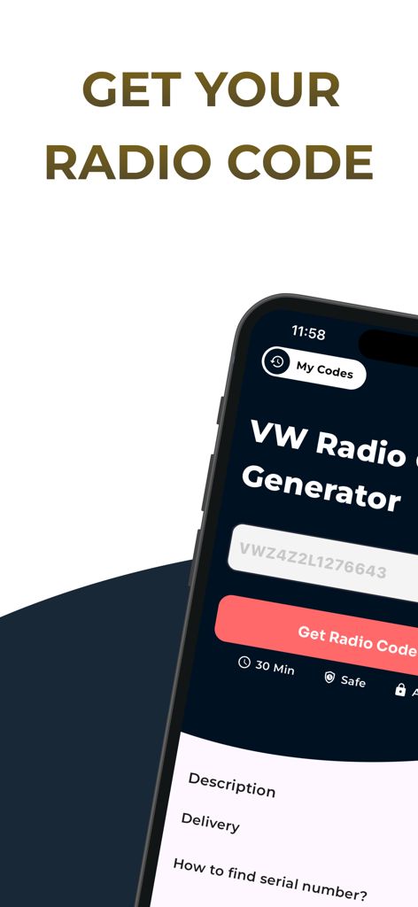 Radio Codes Generator VW - Mobile App-Oberfläche des Radio Code Generator VW, die die Eingabe der Seriennummer und die Entsperrschaltfläche zeigt.