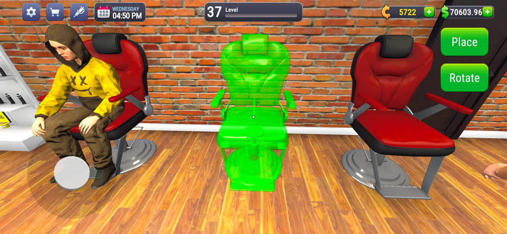 Un jugador personalizando su sala de tatuajes colocando una nueva silla de artista en el juego Tattoo Studio Simulator.