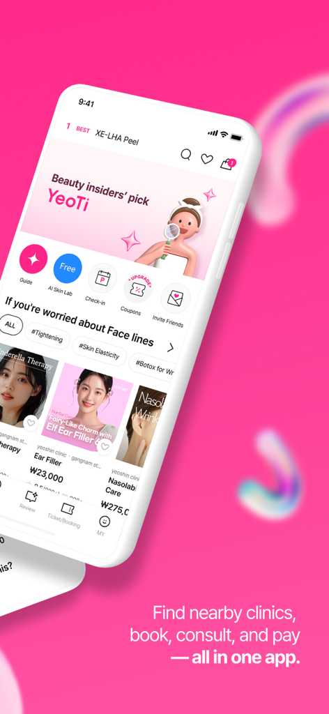Benutzeroberfläche der YeoTi App mit Schönheitsbehandlungsangeboten und Buchungsoptionen für medizinische Beratungen