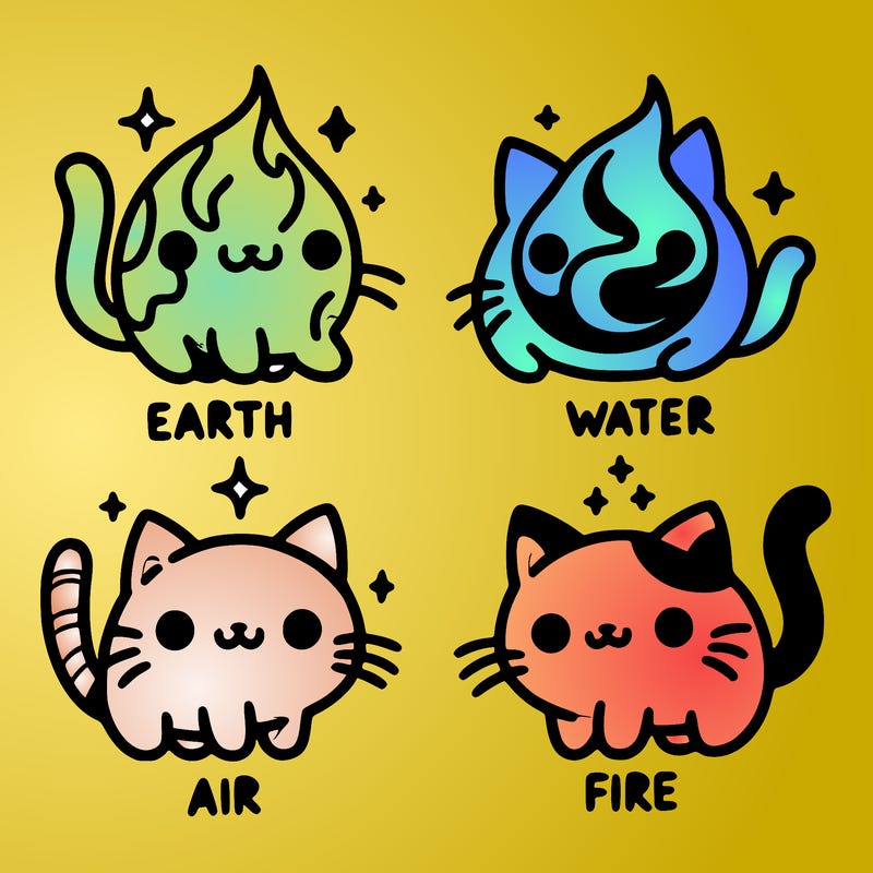 4 cats that represent the different elements, earth, water, air, and fire