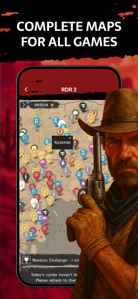 App screenshot showing an interactive map for RDR 2 with various location markers